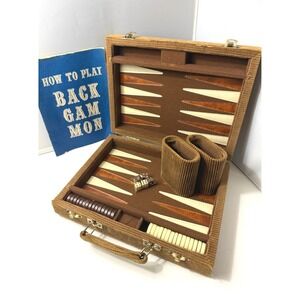 Vintage Backgammon Set Game Retro Corduroy Brown Cream Travel Briefcase